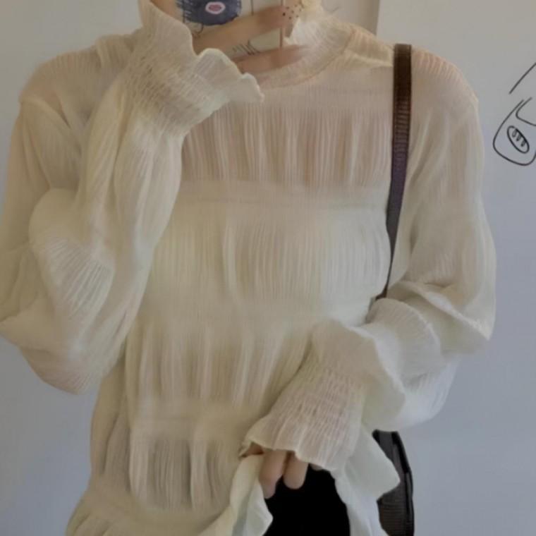 데일리룩 페미닌 시스루 봄가을 여성 블라우스 반폴라 주름 원픽