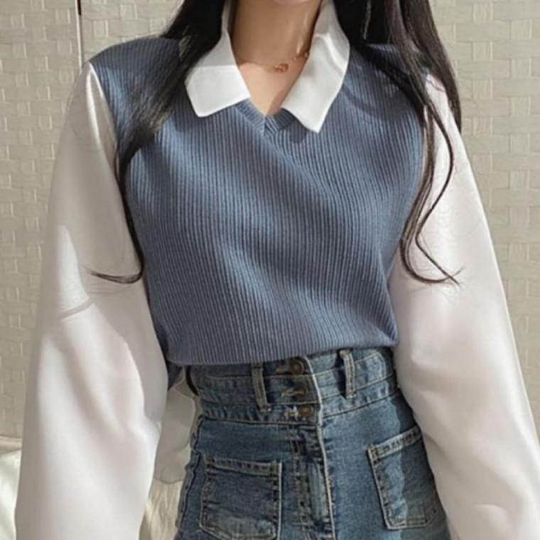 여성 베스트 블라우스 세트 봄가을 셔츠 레이어드 여성블라우스 페미닌룩 카라 레이어드베스트 데일리룩 카