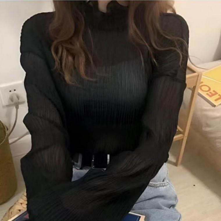 여성시스루블라우스 시스루블라우스 시스루 반폴라 여성블라우스 봄가을 섹시 반폴라블라우스여성 주름 블