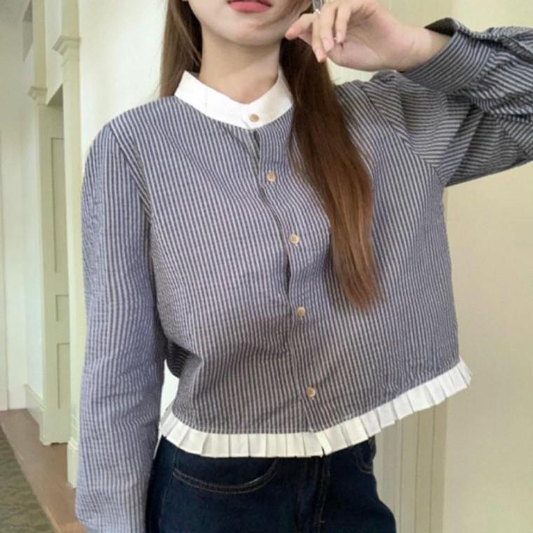 셔츠 프릴 봄가을 노카라 차이나넥 차이나셔츠 세련된핏 여성프릴블라우스 잔스트라이프 블라우스 노카라블
