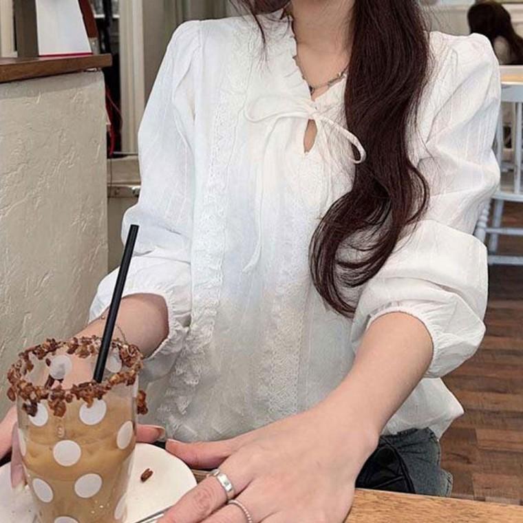 룩 청순여신핏 긴팔 블라우스 리본 봄가을 여자블라우스 여성셔츠 데 20대 화 여성 이트 레이스 원픽