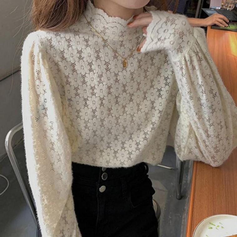 이너 페미닌 터틀넥 봄가을 긴팔 블라우스 시스루 여성 섹시 원픽