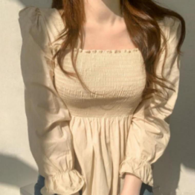 퍼프 소매 밴딩 프릴 스모크 블라우스 러블리한 가을 상의