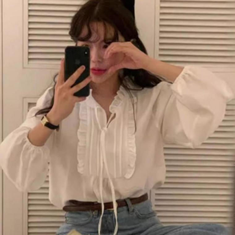 흐르는 롱 봄가을 여성 프릴 블라우스 우아한 셔츠