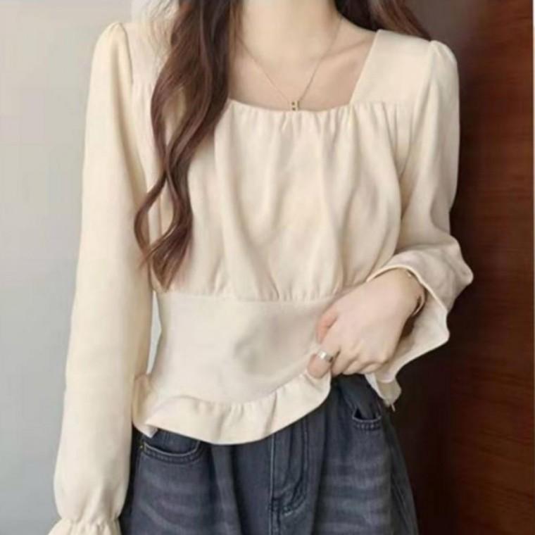 스퀘어넥 레이스 봄가을 긴팔 밑단 블라우스 셔링 여성