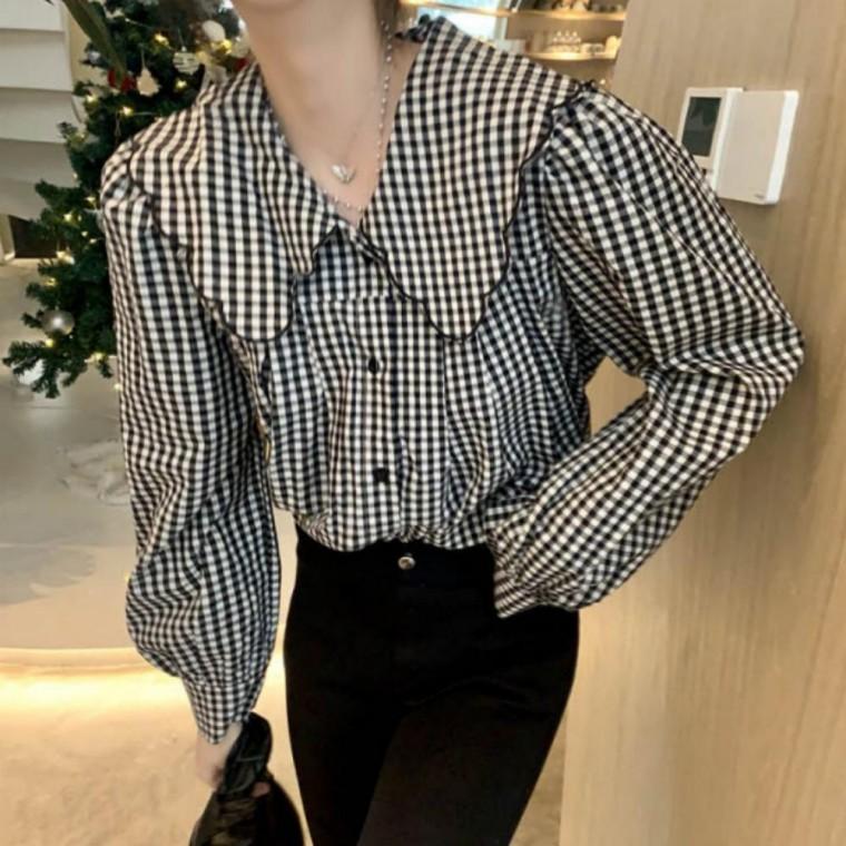 여성블라우스 여자블라우스 기본데일리룩 봄가을 여자셔츠 루즈핏 블라우스 빅카라 긴팔 캐주얼룩 패턴 러