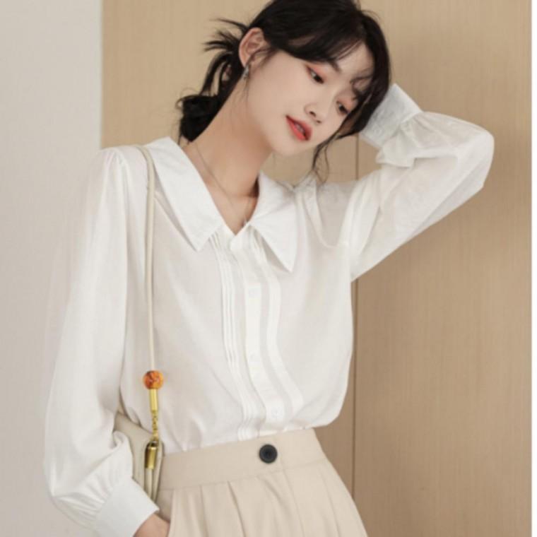 여성 빅카라 세련된 오피스룩 블라우스 봄가을 주름 셔링