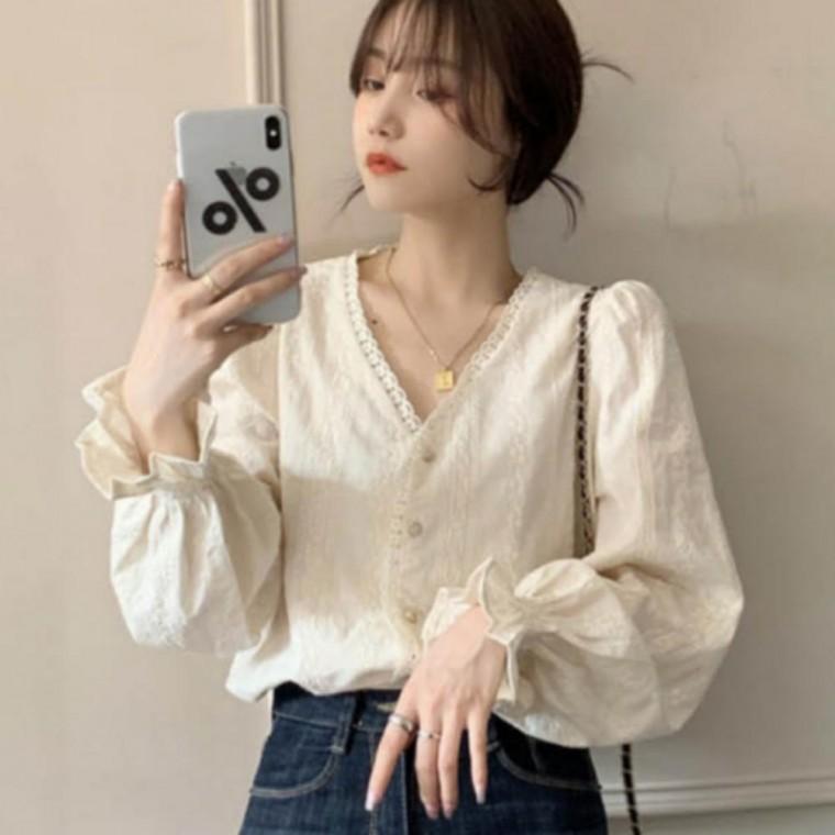 여성블라우스 봄가을 여자셔츠 기본데일리룩 블라우스 여자블라우스 긴팔 셔츠 퍼프 코디 레이스 로맨틱 프