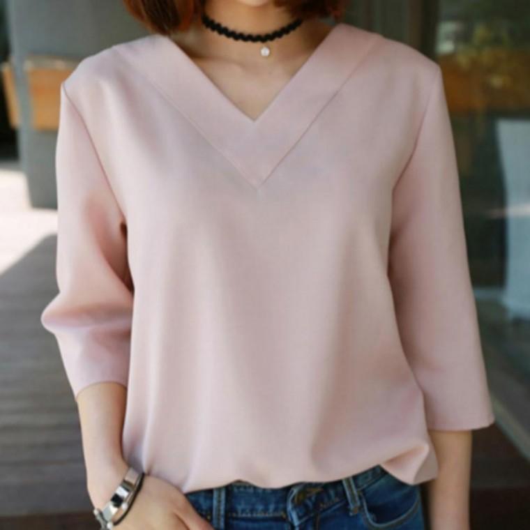 데일리 와이셔츠 여성 무지 베이직 브이넥 봄가을
