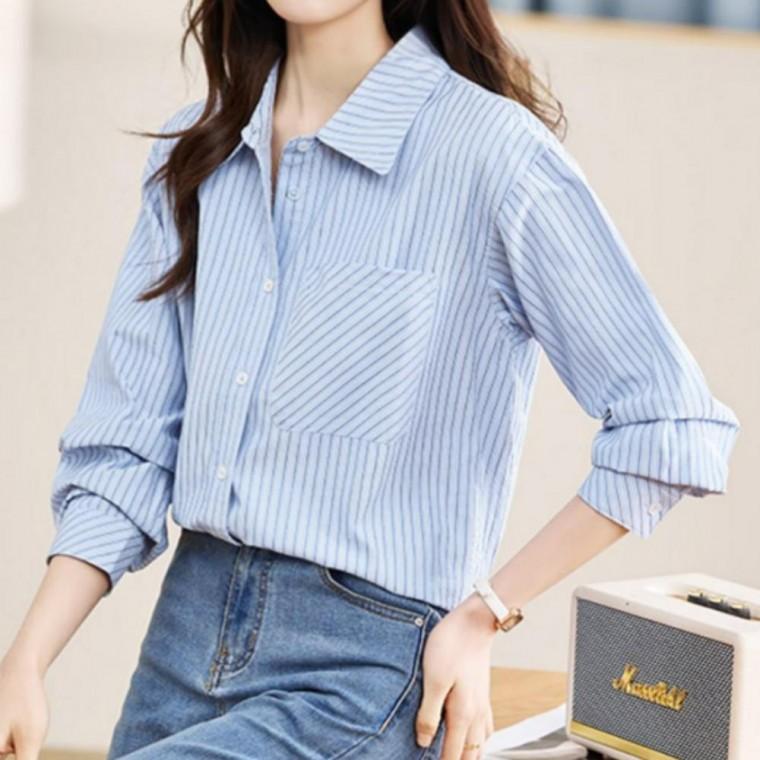 여성블라우스 소라컬러 스트라이프 셔츠 데일리룩 봄가을 기본데일리룩 블라우스 여성 남방 빅카라