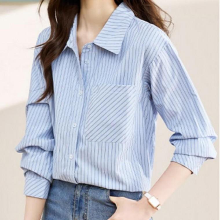 여성블라우스 소라컬러 봄가을 셔츠 데일리룩 세련된 스트라이프 블라우스 여성 빅카라 기본데일리룩 남방