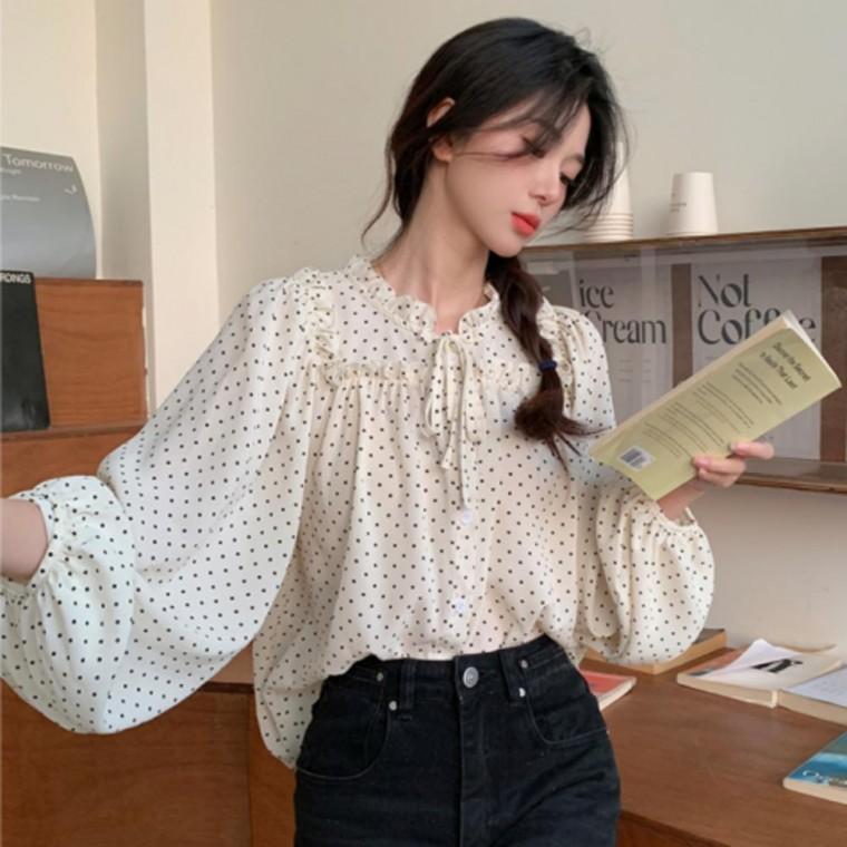 여성블라우스 도트블라우스 긴팔 기본데일리룩 도트 프릴 봄가을 차이나 여성 페미닌 쉬폰 블라우스 데일리