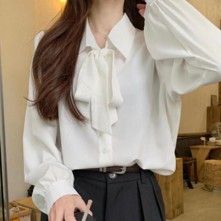 여성블라우스 오피스룩 데이트룩 기본데일리룩 여성 상의 블라우스 봄가을 카라 긴팔 리본블라우스 리본 러