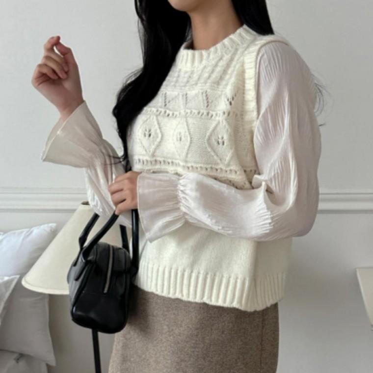 여성블라우스 간절기 봄가을 니트블라우스 데일리 기본데일리룩 긴팔 쉬폰 여성 블라우스 니트 프릴 펀칭