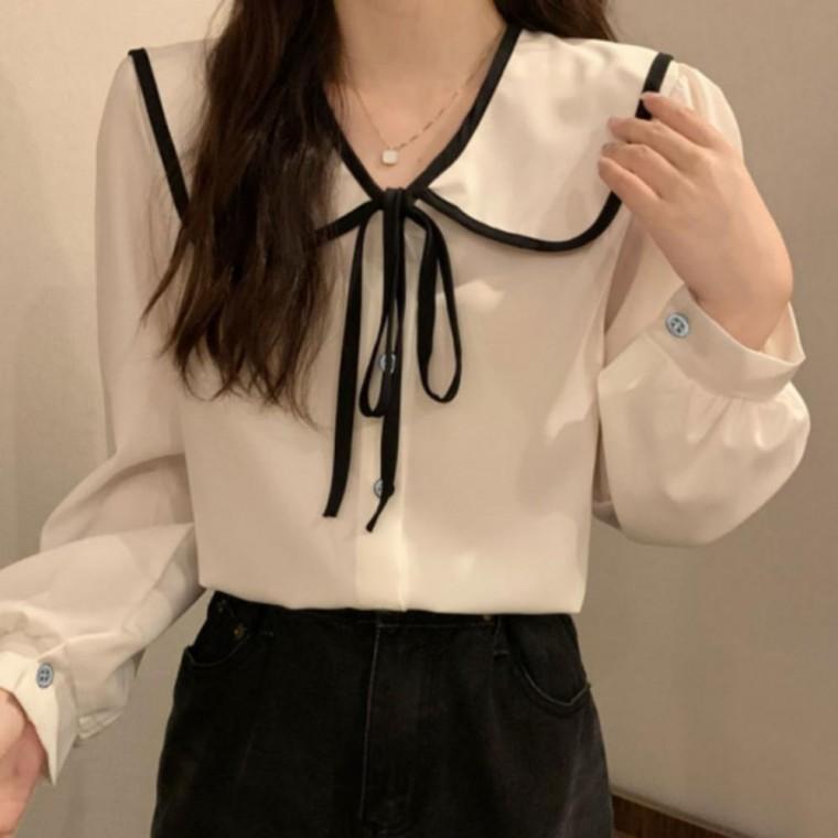 여성블라우스 봄가을 긴팔 블라우스 카라 여성셔츠 예쁜 코디 출근룩 배색 여성긴팔 리본 데일리룩 여성 기