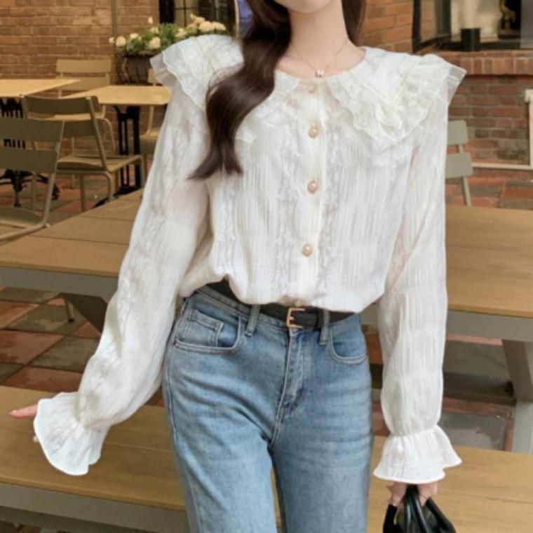 여성블라우스 여성 봄가을 카라 레이스블라우스 이중프릴 상의 블라우스 레이스 기본데일리룩 데이트룩 긴