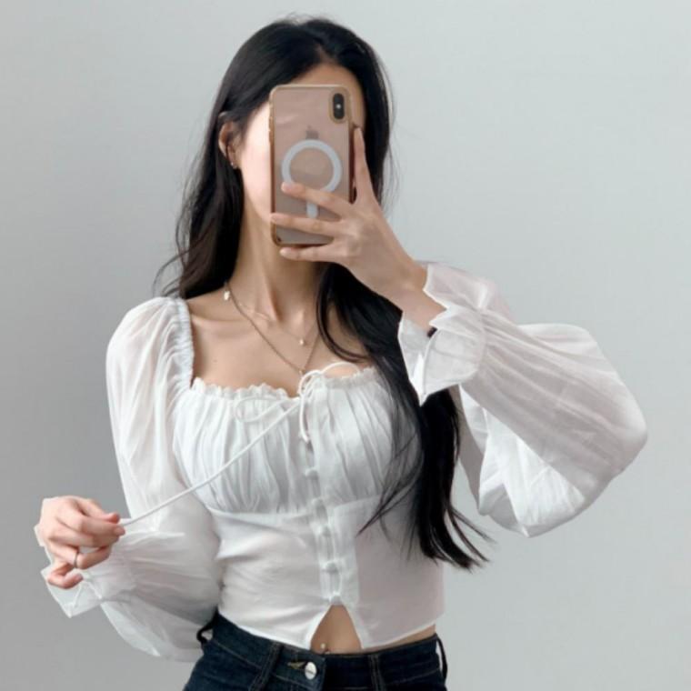 여성블라우스 블라우스 밴딩 기본데일리룩 셔링 레이스 스퀘어넥 크롭 봄가을 긴팔 러블리룩 여성 봄옷 여