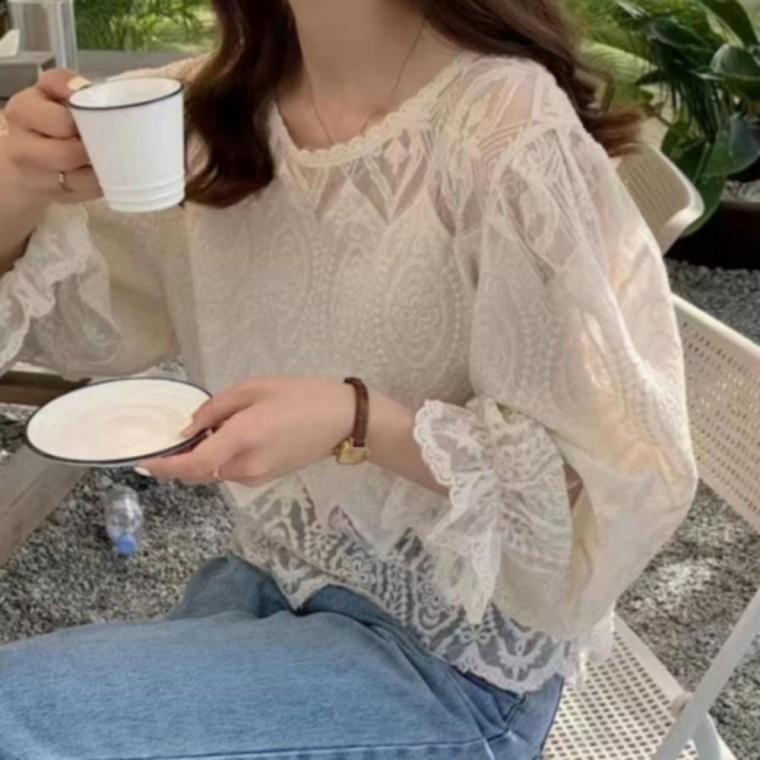 시스루 블라우스 퍼프소매 페미닌 레이스 여성 봄가을