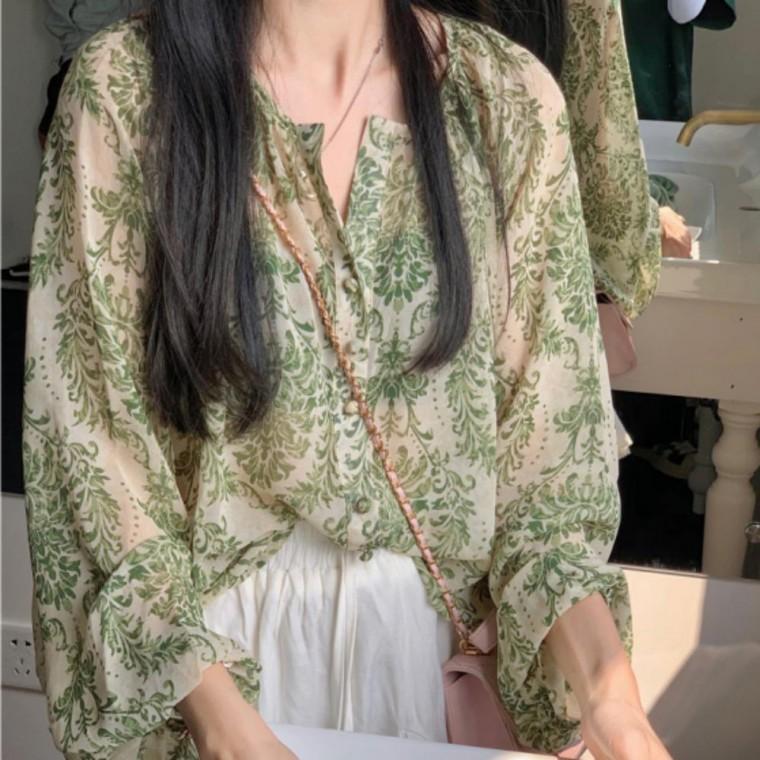 여성블라우스 여성 시스루 기본데일리룩 루즈핏 페미닌룩 플라워 노카라 시스루블라우스 라운드넥 봄가을
