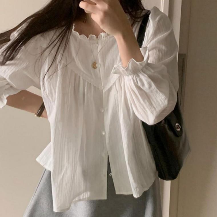 화사한 블라우스 여성 봄가을 펀칭 라운드 데이트룩 레이스