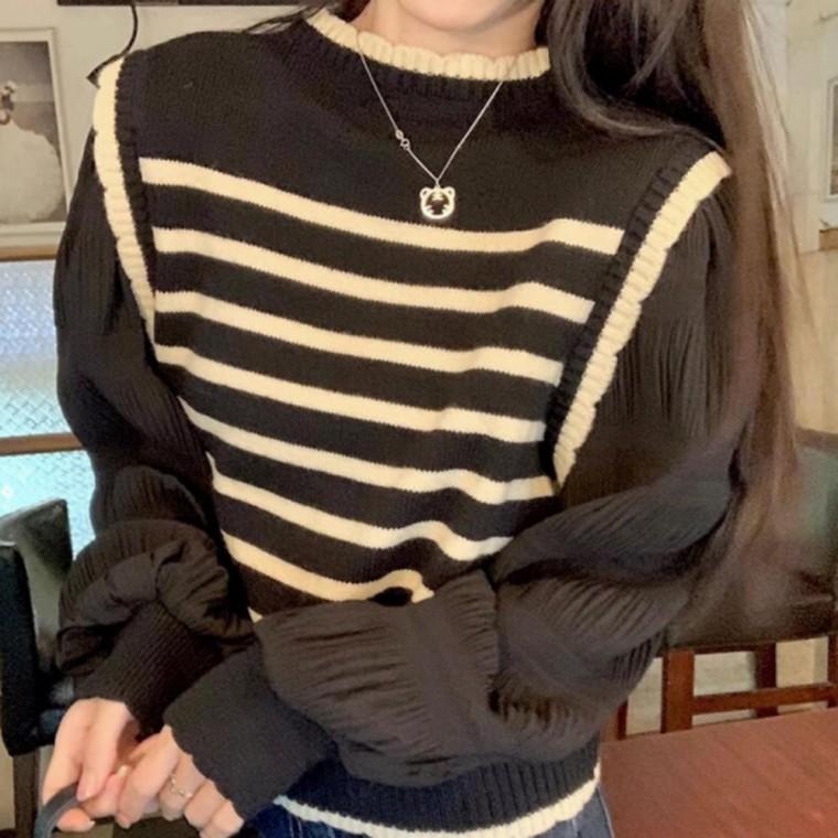 여성블라우스 퍼프 패션 상의 외출 여성블라우스셔츠 와이셔츠 기본데일리룩 여성 우아한 봄가을 줄무늬 블