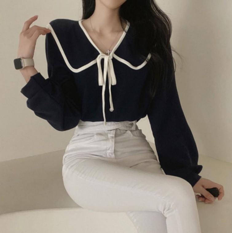 상의 매듭 세일러 여성 블라우스 레이스 봄가을 포인트 나시