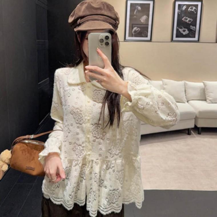 펀칭 블라우스 플레어 출근룩 긴팔 플라워 여성 봄가을
