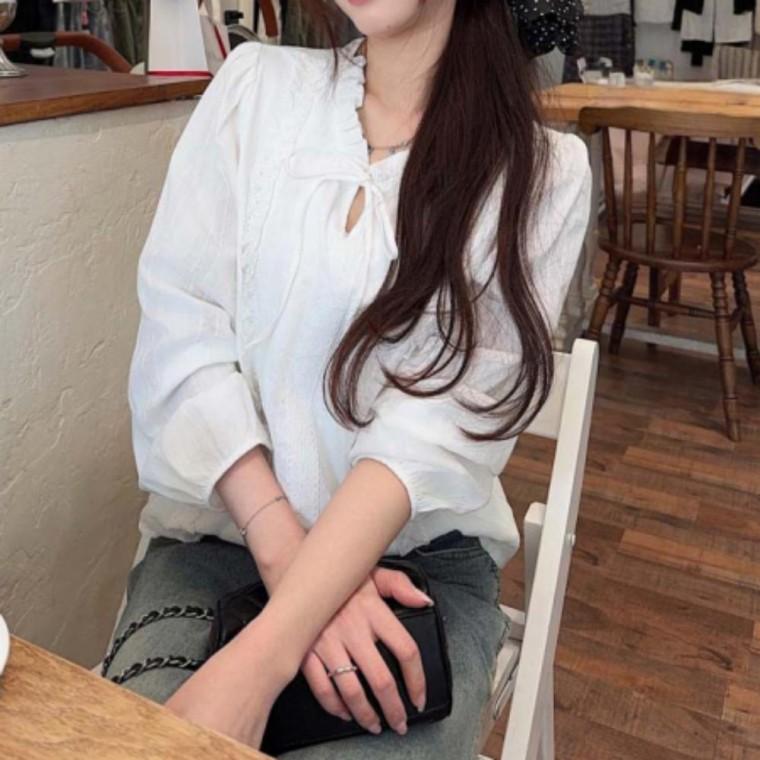 여성블라우스 기본데일리룩 블라우스 룩 여성 봄가을 이트 긴팔 데 20대 여자블라우스 리본 화 여성셔츠 레