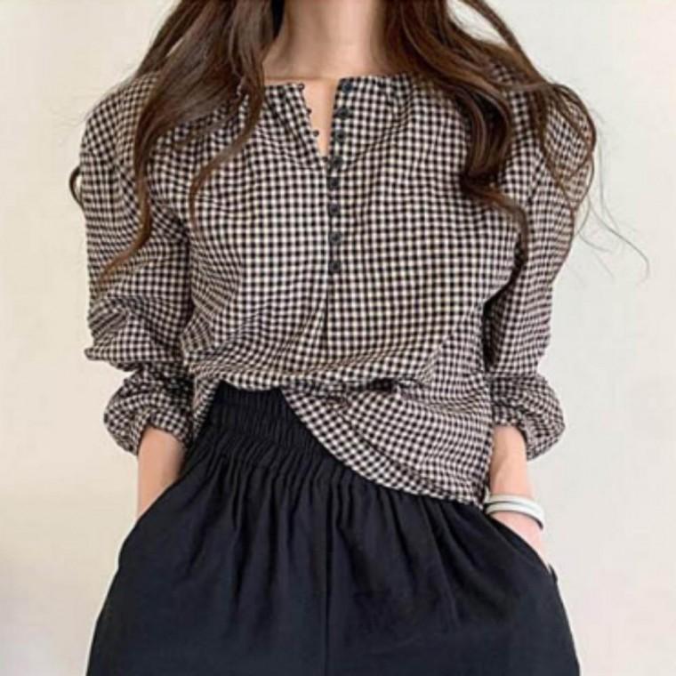 벌룬소매 여성 라운드넥 셔츠 여유핏 체크 긴팔 데일리룩 봄가을