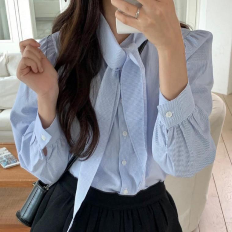 여성블라우스 스트라이프 하객룩 블라우스 타이 봄가을 여성 타이블라우스 오피스룩 셔츠 고급스런 블루 기