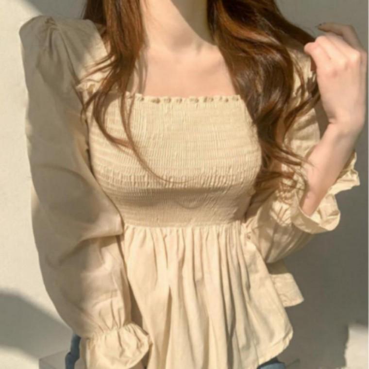퍼프 자수 블라우스 봄가을 데일리룩 페미닌 여성 스모크