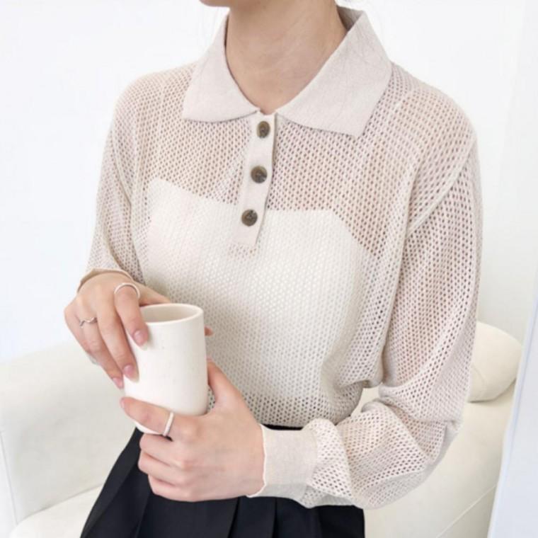 시스루카라 클릭유도 긴팔 니트 티 여성 여름 가을 니트티 데일리룩 성숙한무드