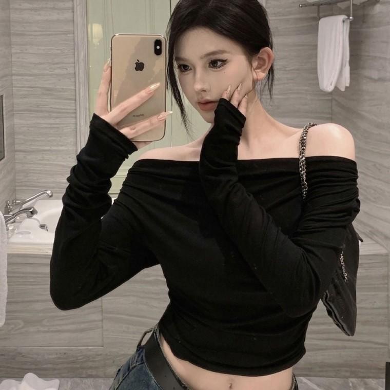오프 숄더 슬림 스타일 쇄골 라인 티셔츠 여성 어깨 레이어드 골지 가을 봄티셔츠 긴팔티
