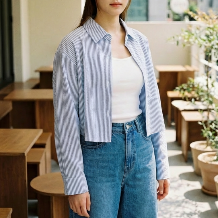 가을 여름 살안타템 루즈핏 시어서커셔츠 스트라이프 지지미 벌룬 크롭 긴팔 셔츠 블라우스