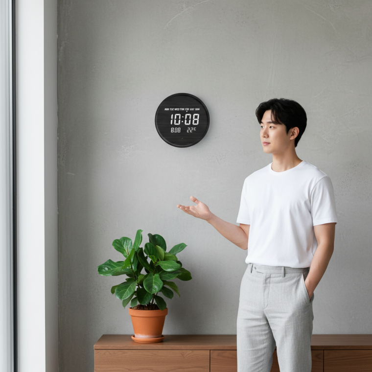 12인치 LED 원형 우드 벽걸이 무소음 아날로그 시계 영어판