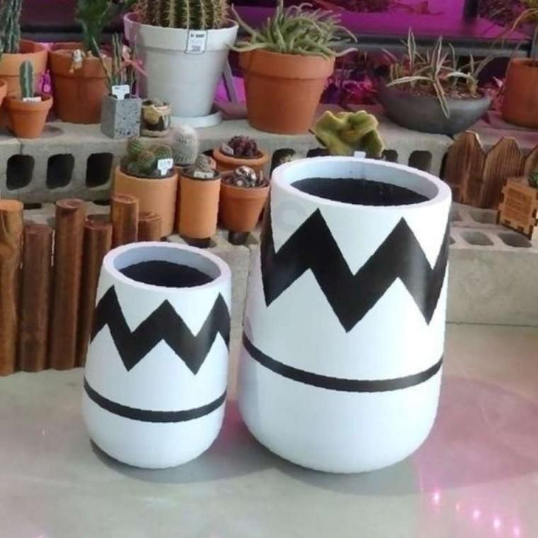 2개세트 모던 시멘트 화분 긴원형 지그재그 31x51x23x35cm 화초용 원예 블랙 골드 실내용