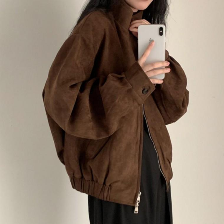 모카 스웨이드 여성 블루종 하이넥 집업 루즈핏 자켓