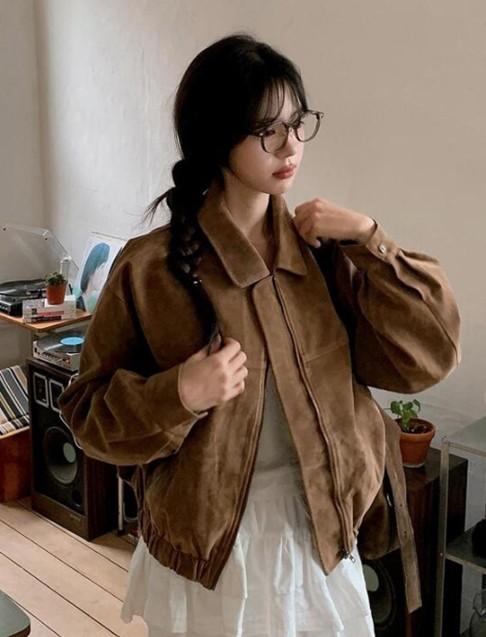 여성 숏 기장 스웨이드 집업 아우터
