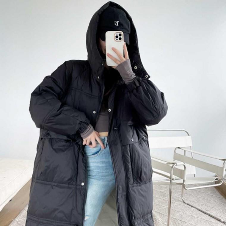 패딩 데일리 롱 방한 외출 룩 검정 겨울 나들이 여자 후드 주말 학생롱패딩
