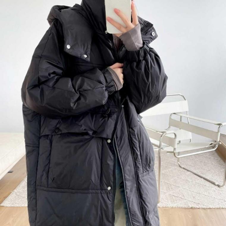 출근 검정 방한 후드 겨울 점퍼 룩 롱 데일리 학생롱패딩 여자 패딩
