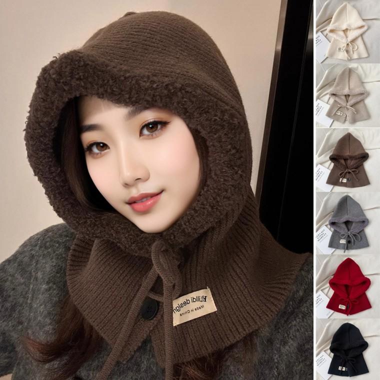 겨울 귀여운 뽀글이 니트 단추 디자인 넥워머 후드 바라클라바 모자