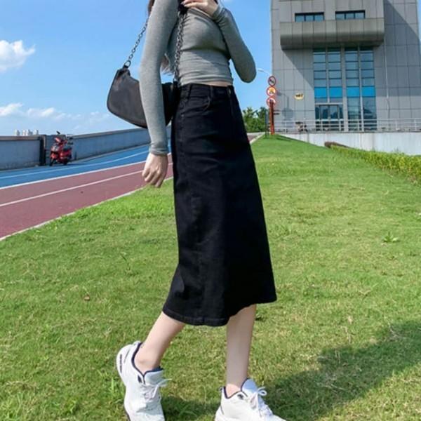 시크한 올블랙 롱치마 모던하고 날씬해보이는 세련된 모임룩으로 활용 여성 블랙진 스커트