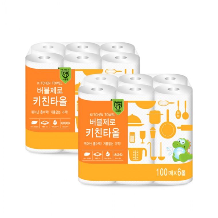 버블제로 키친타월(100매x6롤)-2개 키친타올 기름흡수 핸드타올 주방타올 주방행주
