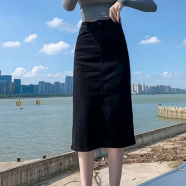 여성 데님 롱 스커트 블랙 진 A라인 흑 청 치마