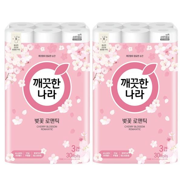 깨끗한나라 벚꽃 로맨틱 3겹 펄프 화장지 27m 30롤x2팩