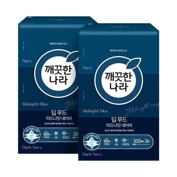 깨끗한나라 딥무드 미용티슈 미드나잇 네이비 300매 3입 2팩