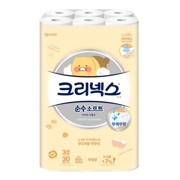 크리넥스 3겹 순수소프트 카카오프렌즈 30m 30롤 펄프 무색무향 화장지