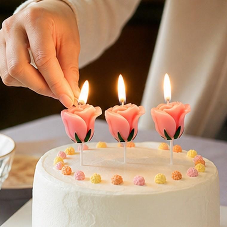 장미꽃 생일초 핑크 케이크 장식 생일 파티 기념일 연말 파티용 3개입