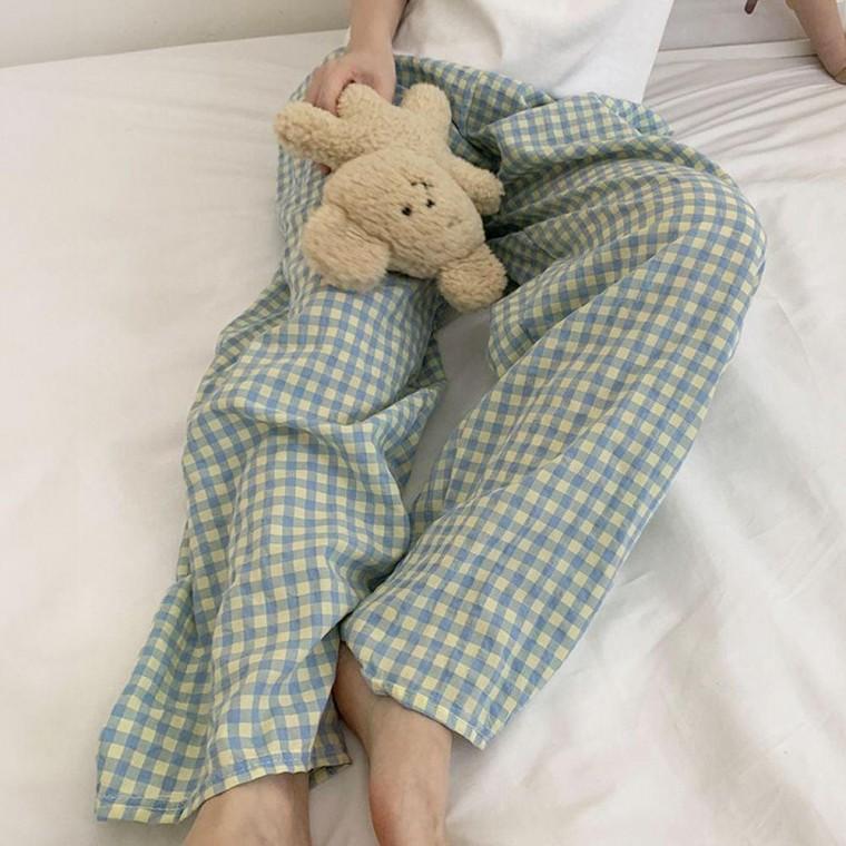 여성 홈웨어 실내복 체크 바지 잠옷 파자마 블루 여자 예쁜 집에서입는옷 팬츠 파티