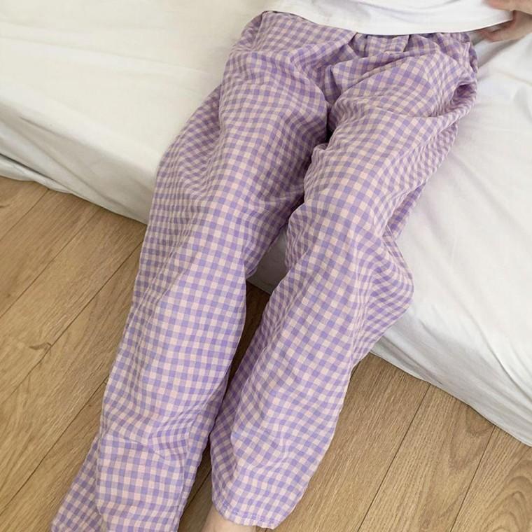 여성 홈웨어 실내복 체크 바지 잠옷 파자마 라벤더 여자 예쁜 집에서입는옷 팬츠 파티